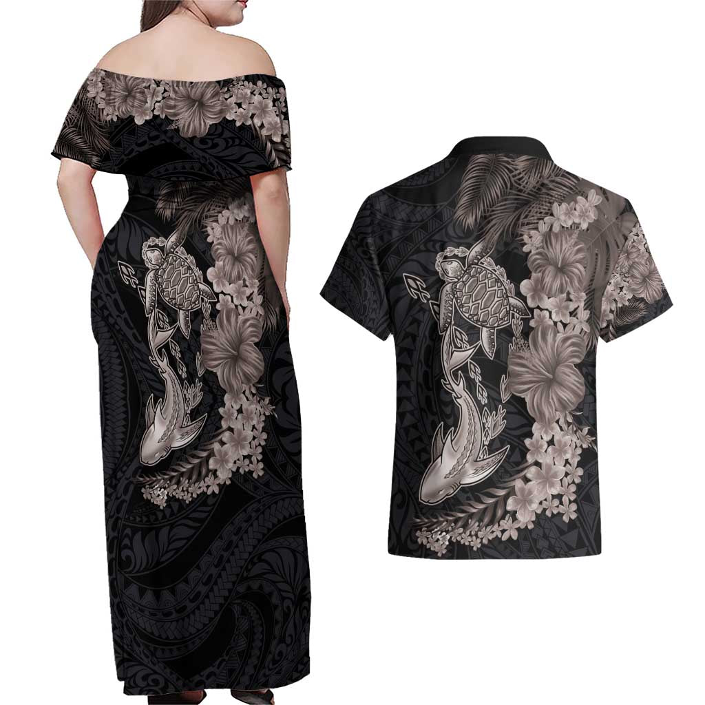 Hawaiian Tropical Plants Turtle and Shark Couples Matching Off Shoulder Maxi Dress and Hawaiian Shirt Polynesian Art Tattoo Grayscale Color