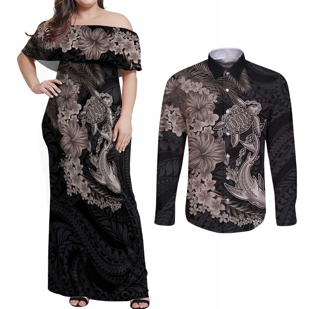 Hawaiian Tropical Plants Turtle and Shark Couples Matching Off Shoulder Maxi Dress and Long Sleeve Button Shirt Polynesian Art Tattoo Grayscale Color