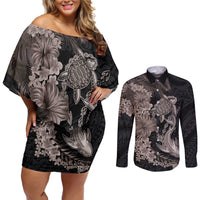 Hawaiian Tropical Plants Turtle and Shark Couples Matching Off Shoulder Short Dress and Long Sleeve Button Shirt Polynesian Art Tattoo Grayscale Color