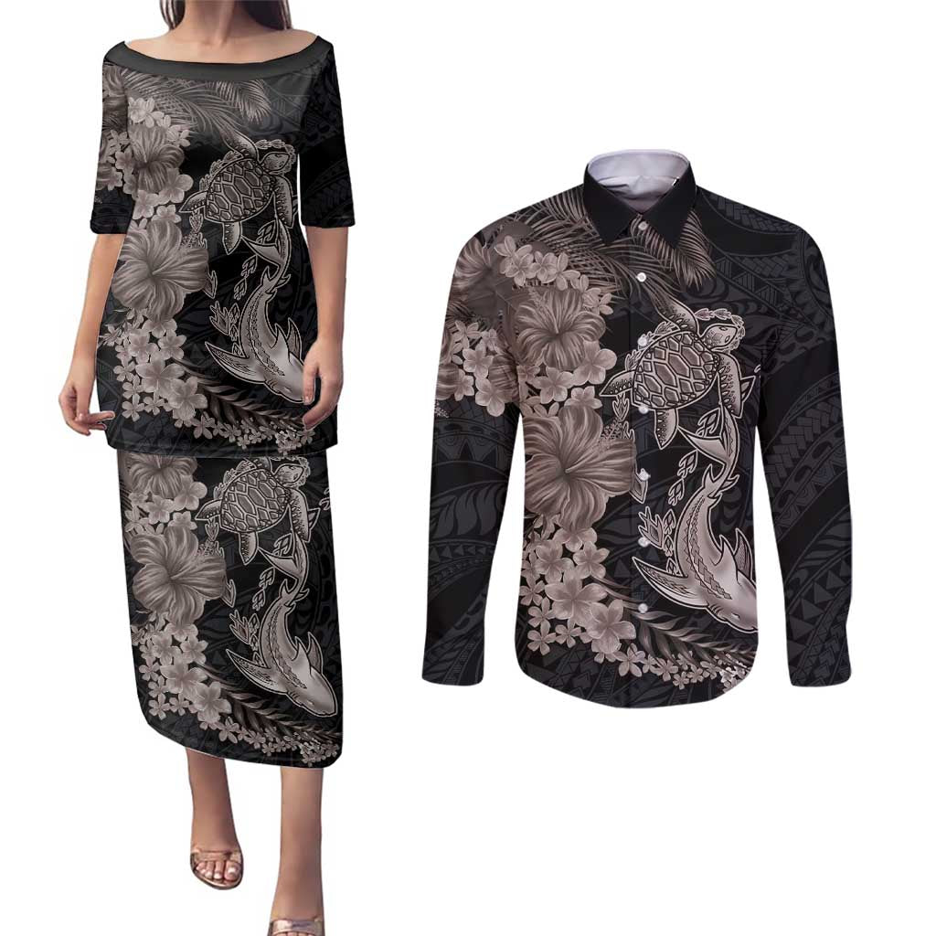 Hawaiian Tropical Plants Turtle and Shark Couples Matching Puletasi and Long Sleeve Button Shirt Polynesian Art Tattoo Grayscale Color