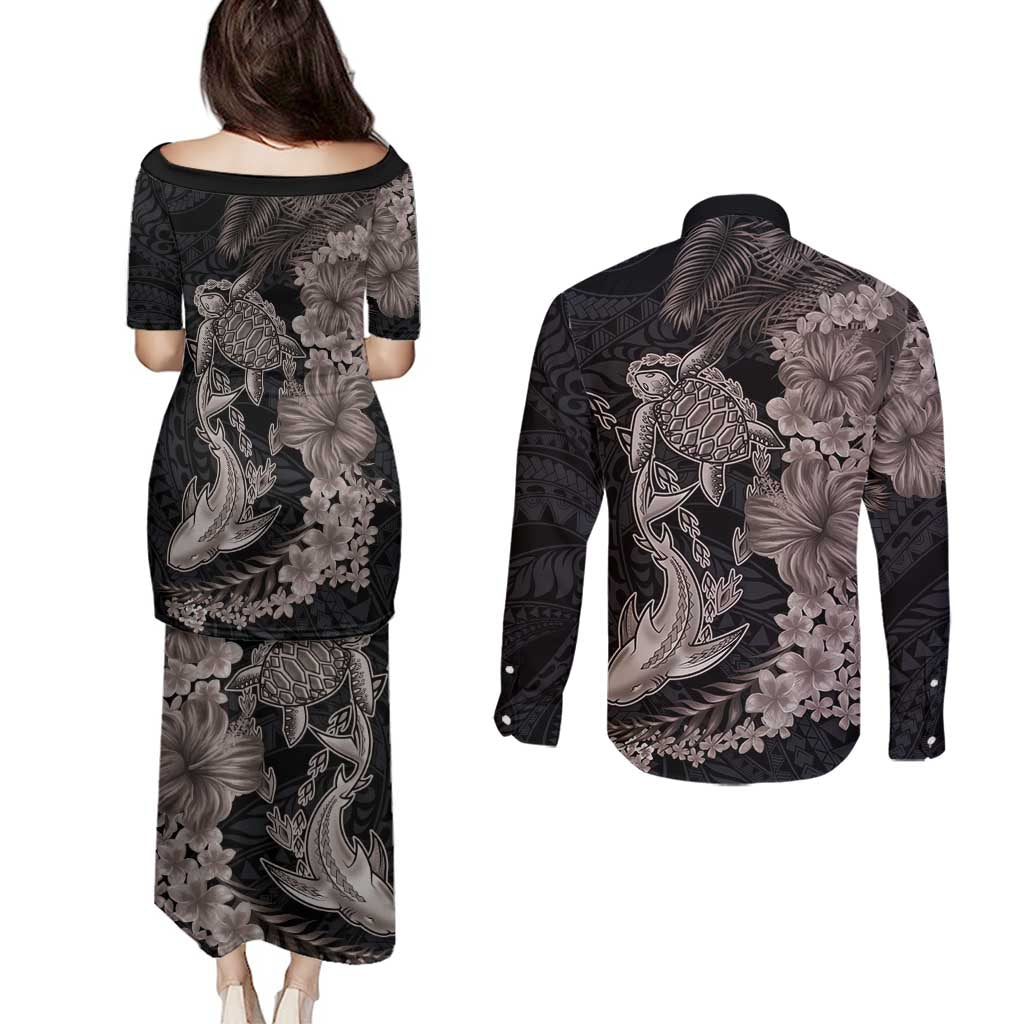 Hawaiian Tropical Plants Turtle and Shark Couples Matching Puletasi and Long Sleeve Button Shirt Polynesian Art Tattoo Grayscale Color