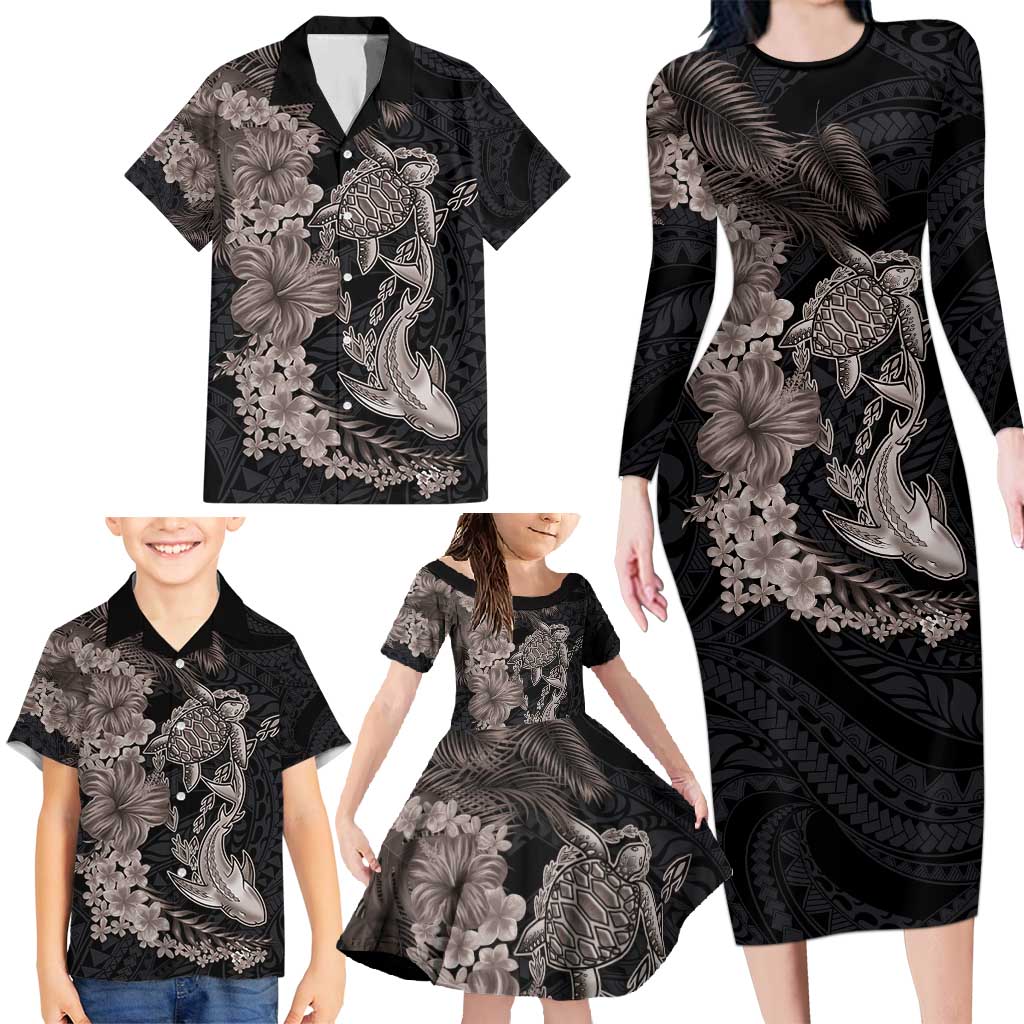 Hawaiian Tropical Plants Turtle and Shark Family Matching Long Sleeve Bodycon Dress and Hawaiian Shirt Polynesian Art Tattoo Grayscale Color