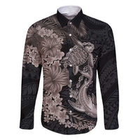 Hawaiian Tropical Plants Turtle and Shark Family Matching Long Sleeve Bodycon Dress and Hawaiian Shirt Polynesian Art Tattoo Grayscale Color LT03 Dad's Shirt - Long Sleeve Black - Polynesian Pride