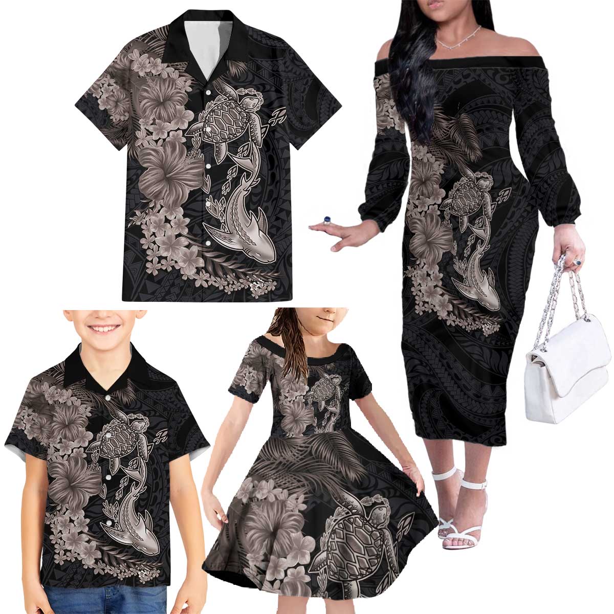 Hawaiian Tropical Plants Turtle and Shark Family Matching Off The Shoulder Long Sleeve Dress and Hawaiian Shirt Polynesian Art Tattoo Grayscale Color