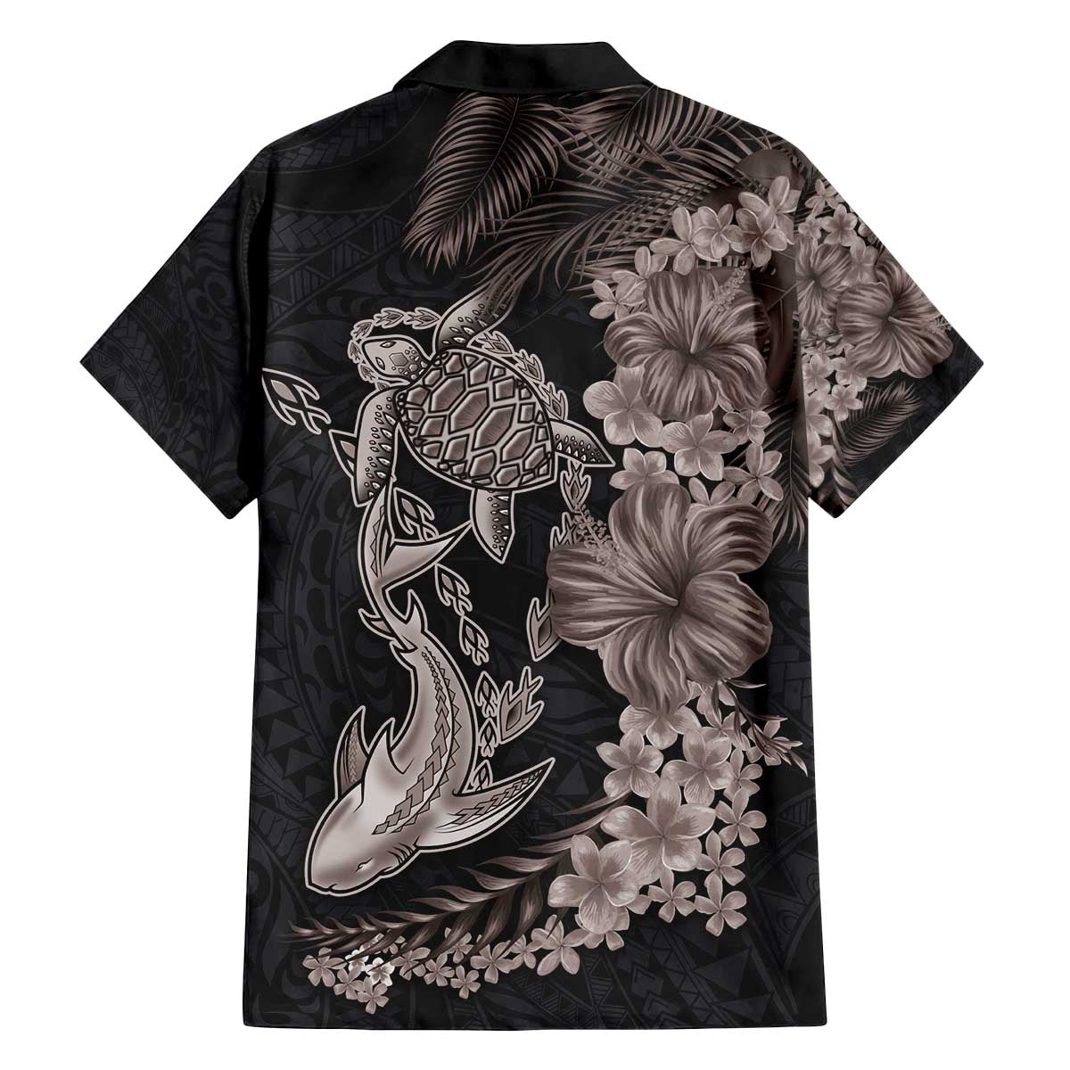 Hawaiian Tropical Plants Turtle and Shark Family Matching Off The Shoulder Long Sleeve Dress and Hawaiian Shirt Polynesian Art Tattoo Grayscale Color