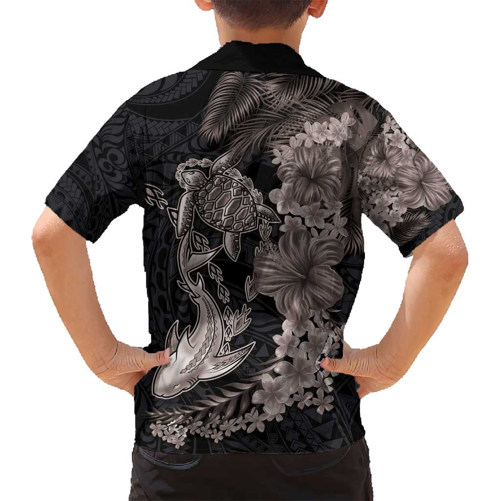 Hawaiian Tropical Plants Turtle and Shark Family Matching Off Shoulder Maxi Dress and Hawaiian Shirt Polynesian Art Tattoo Grayscale Color