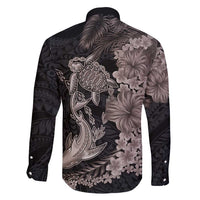Hawaiian Tropical Plants Turtle and Shark Family Matching Off Shoulder Short Dress and Hawaiian Shirt Polynesian Art Tattoo Grayscale Color LT03 - Polynesian Pride