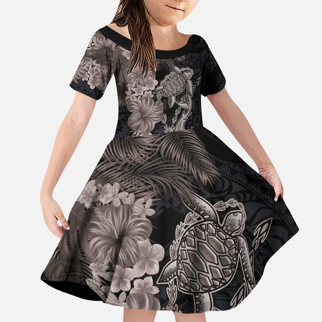 Hawaiian Tropical Plants Turtle and Shark Family Matching Puletasi and Hawaiian Shirt Polynesian Art Tattoo Grayscale Color