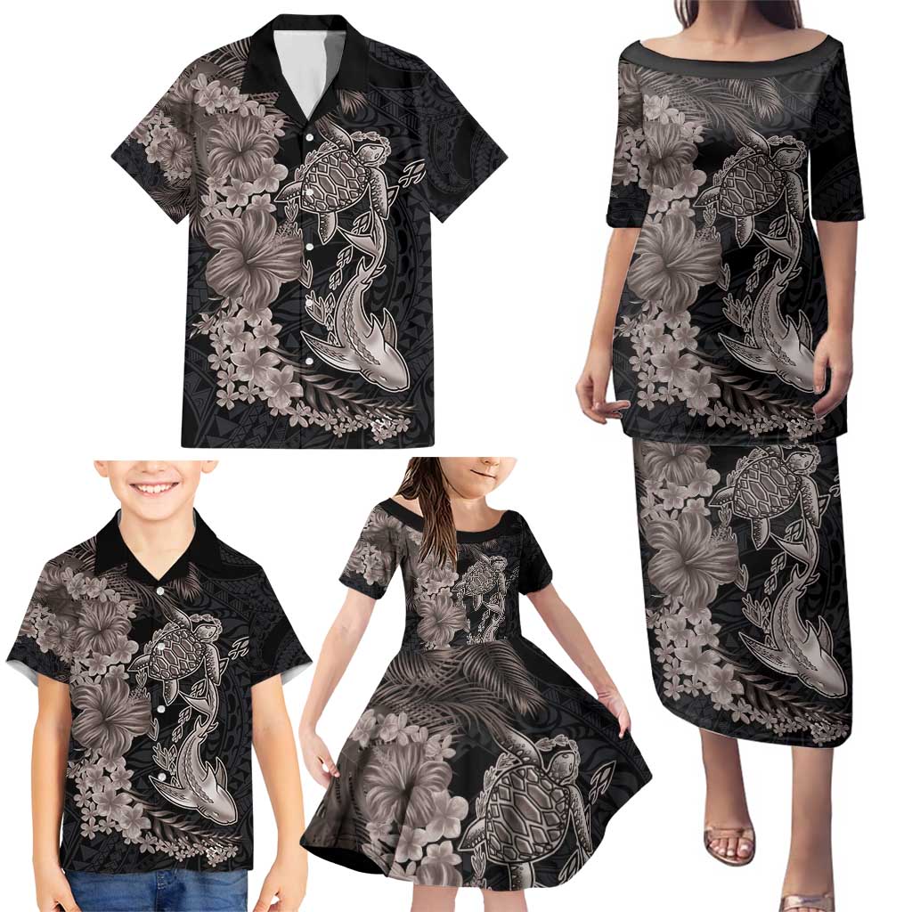 Hawaiian Tropical Plants Turtle and Shark Family Matching Puletasi and Hawaiian Shirt Polynesian Art Tattoo Grayscale Color