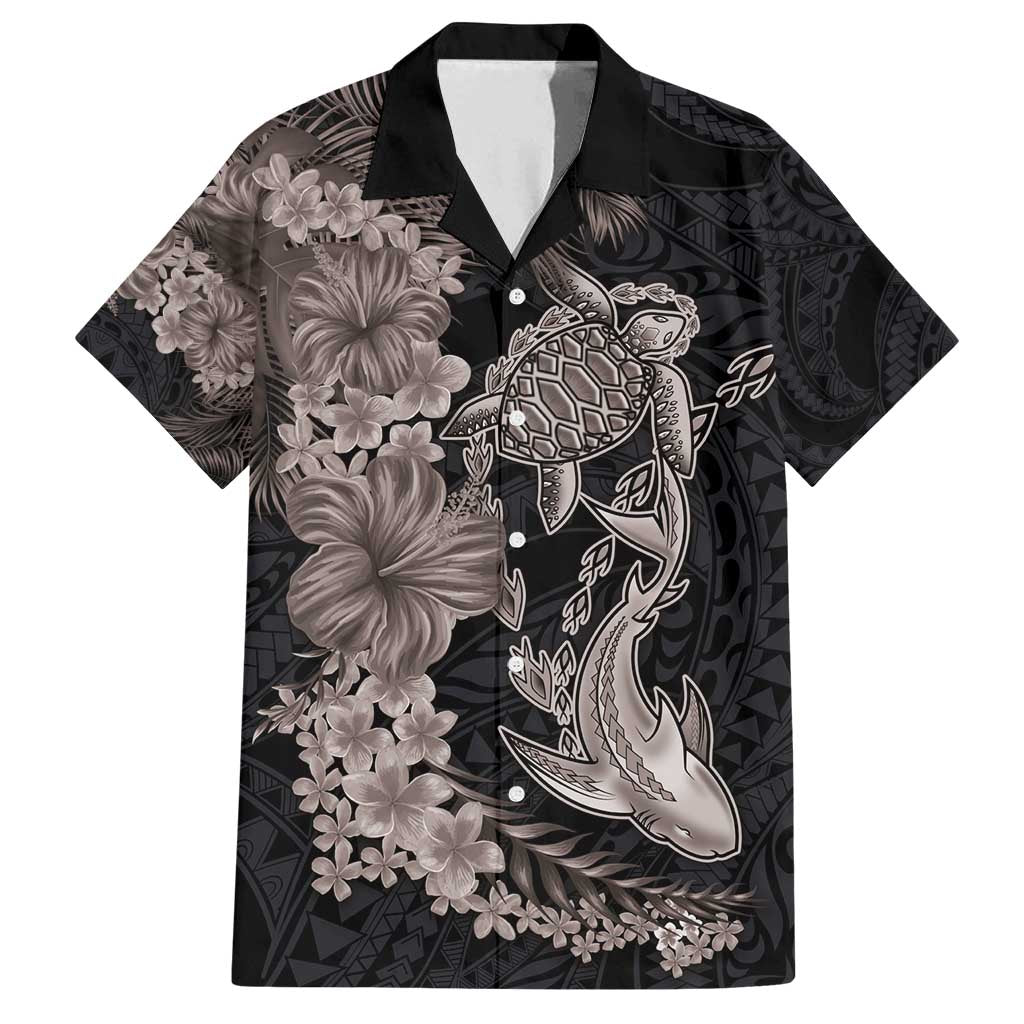 Hawaiian Tropical Plants Turtle and Shark Family Matching Puletasi and Hawaiian Shirt Polynesian Art Tattoo Grayscale Color