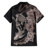 Hawaiian Tropical Plants Turtle and Shark Family Matching Puletasi and Hawaiian Shirt Polynesian Art Tattoo Grayscale Color