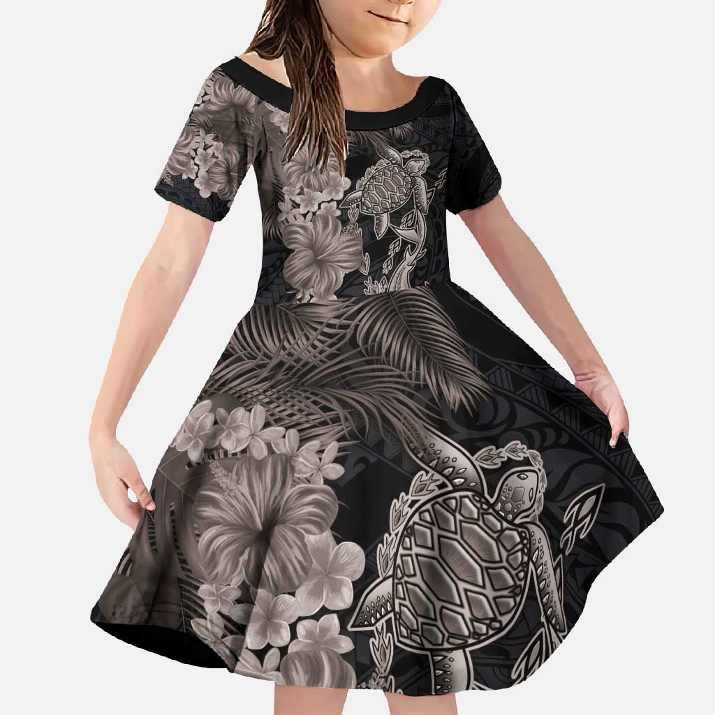 Hawaiian Tropical Plants Turtle and Shark Family Matching Short Sleeve Bodycon Dress and Hawaiian Shirt Polynesian Art Tattoo Grayscale Color LT03 Daughter's Dress Black - Polynesian Pride