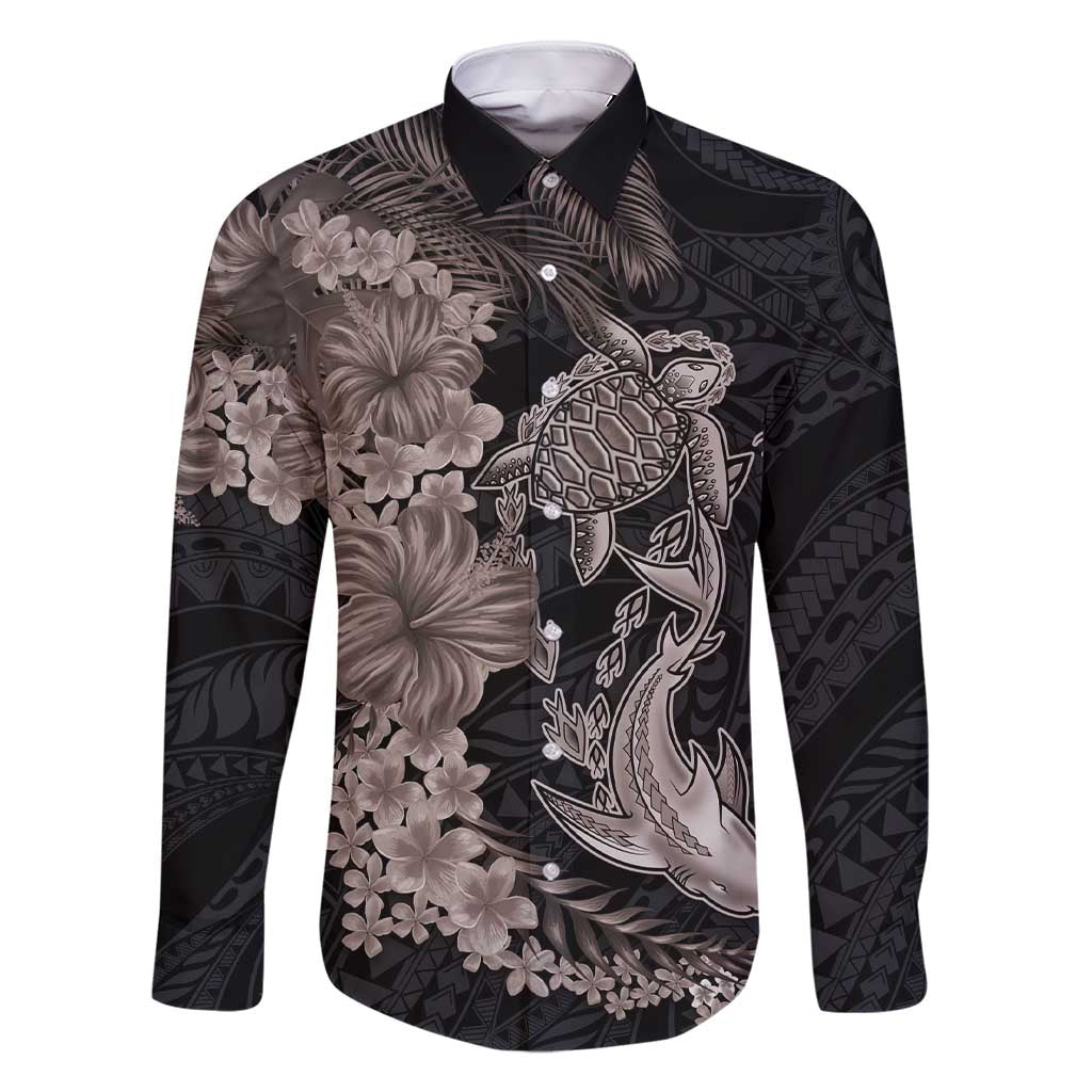 Hawaiian Tropical Plants Turtle and Shark Family Matching Short Sleeve Bodycon Dress and Hawaiian Shirt Polynesian Art Tattoo Grayscale Color LT03 Dad's Shirt - Long Sleeve Black - Polynesian Pride