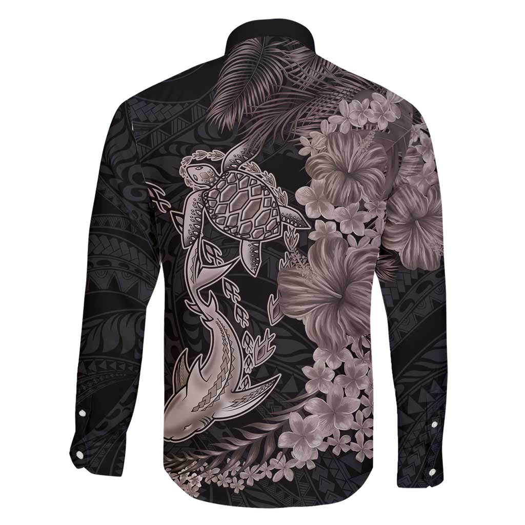 Hawaiian Tropical Plants Turtle and Shark Family Matching Short Sleeve Bodycon Dress and Hawaiian Shirt Polynesian Art Tattoo Grayscale Color LT03 - Polynesian Pride