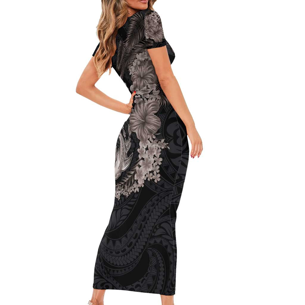 Hawaiian Tropical Plants Turtle and Shark Family Matching Short Sleeve Bodycon Dress and Hawaiian Shirt Polynesian Art Tattoo Grayscale Color LT03 - Polynesian Pride