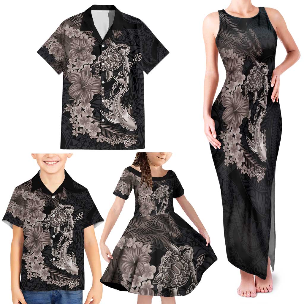 Hawaiian Tropical Plants Turtle and Shark Family Matching Tank Maxi Dress and Hawaiian Shirt Polynesian Art Tattoo Grayscale Color