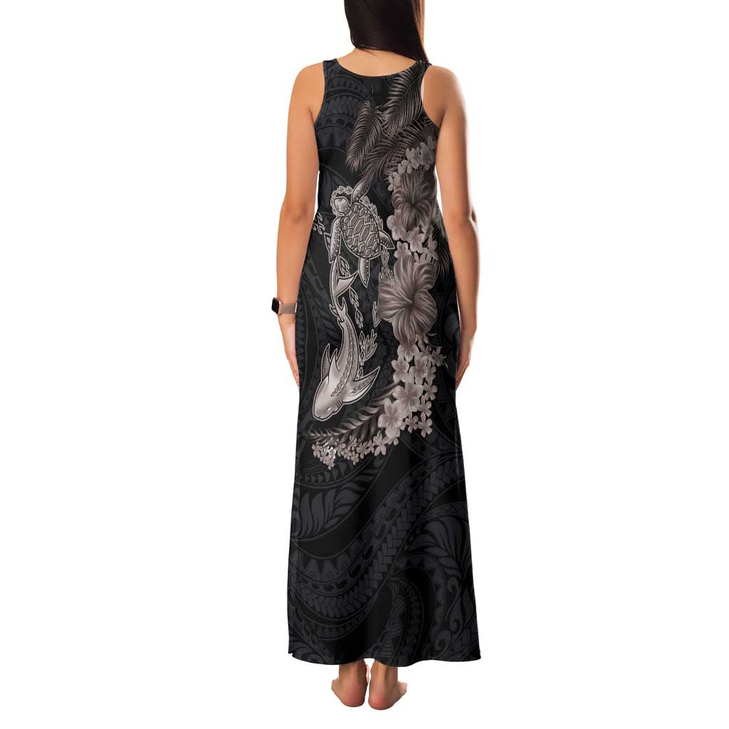 Hawaiian Tropical Plants Turtle and Shark Family Matching Tank Maxi Dress and Hawaiian Shirt Polynesian Art Tattoo Grayscale Color