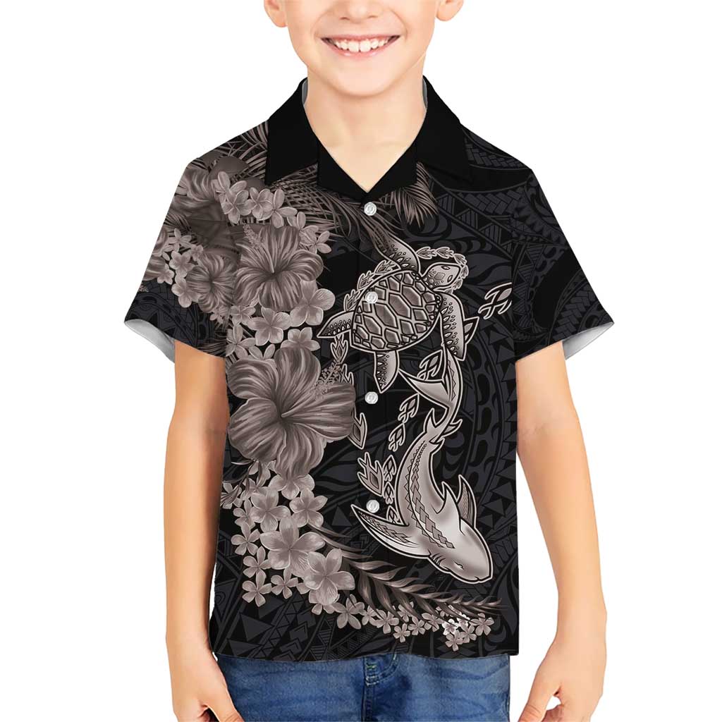 Hawaiian Tropical Plants Turtle and Shark Kid Hawaiian Shirt Polynesian Art Tattoo Grayscale Color