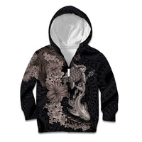 Hawaiian Tropical Plants Turtle and Shark Kid Hoodie Polynesian Art Tattoo Grayscale Color
