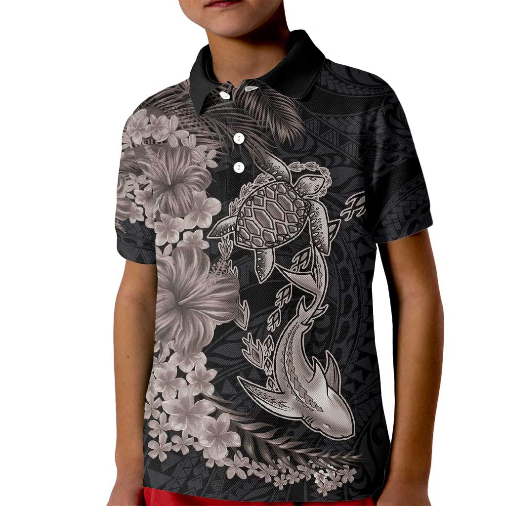 Hawaiian Tropical Plants Turtle and Shark Kid Polo Shirt Polynesian Art Tattoo Grayscale Color