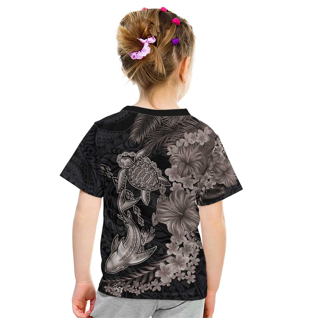 Hawaiian Tropical Plants Turtle and Shark Kid T Shirt Polynesian Art Tattoo Grayscale Color