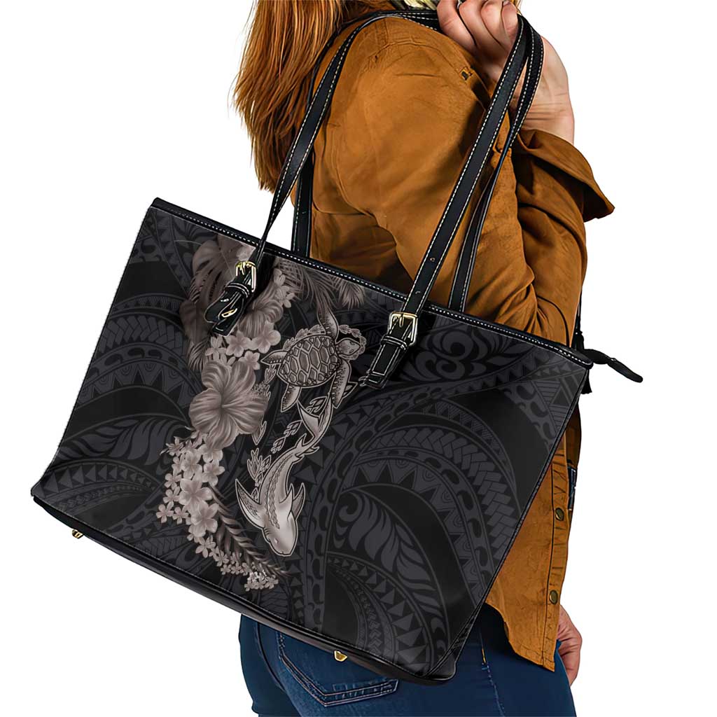 Hawaiian Tropical Plants Turtle and Shark Leather Tote Bag Polynesian Art Tattoo Grayscale Color
