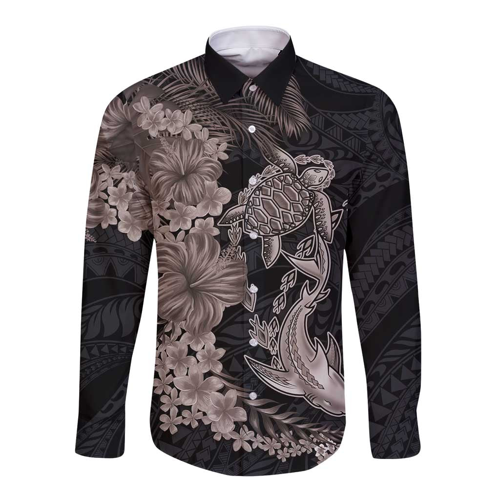 Hawaiian Tropical Plants Turtle and Shark Long Sleeve Button Shirt Polynesian Art Tattoo Grayscale Color