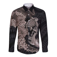 Hawaiian Tropical Plants Turtle and Shark Long Sleeve Button Shirt Polynesian Art Tattoo Grayscale Color