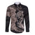 Hawaiian Tropical Plants Turtle and Shark Long Sleeve Button Shirt Polynesian Art Tattoo Grayscale Color