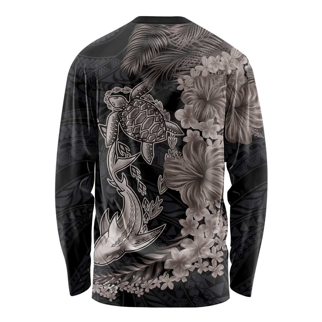 Hawaiian Tropical Plants Turtle and Shark Long Sleeve Shirt Polynesian Art Tattoo Grayscale Color