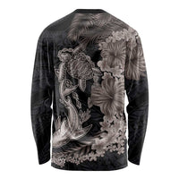Hawaiian Tropical Plants Turtle and Shark Long Sleeve Shirt Polynesian Art Tattoo Grayscale Color