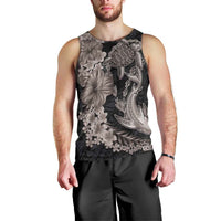 Hawaiian Tropical Plants Turtle and Shark Men Tank Top Polynesian Art Tattoo Grayscale Color