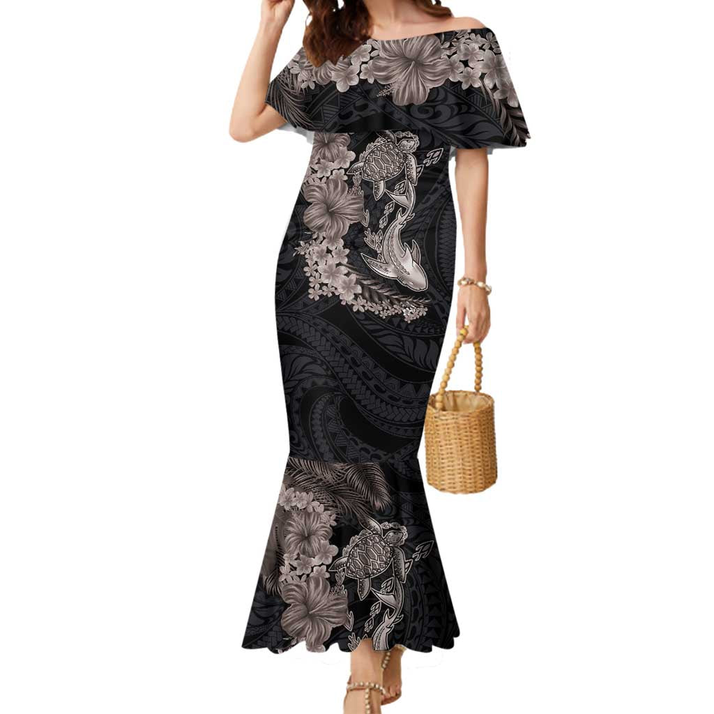 Hawaiian Tropical Plants Turtle and Shark Mermaid Dress Polynesian Art Tattoo Grayscale Color