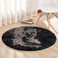 Hawaiian Tropical Plants Turtle and Shark Round Carpet Polynesian Art Tattoo Grayscale Color