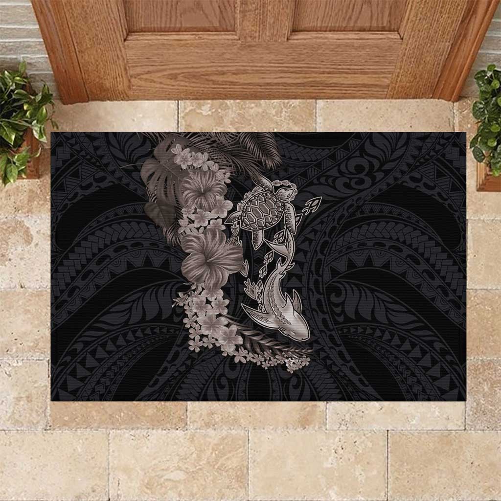 Hawaiian Tropical Plants Turtle and Shark Rubber Doormat Polynesian Art Tattoo Grayscale Color