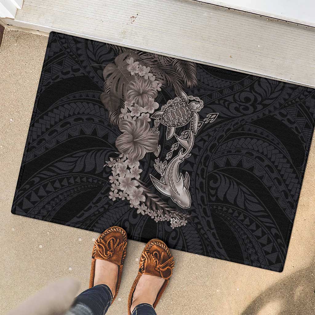 Hawaiian Tropical Plants Turtle and Shark Rubber Doormat Polynesian Art Tattoo Grayscale Color