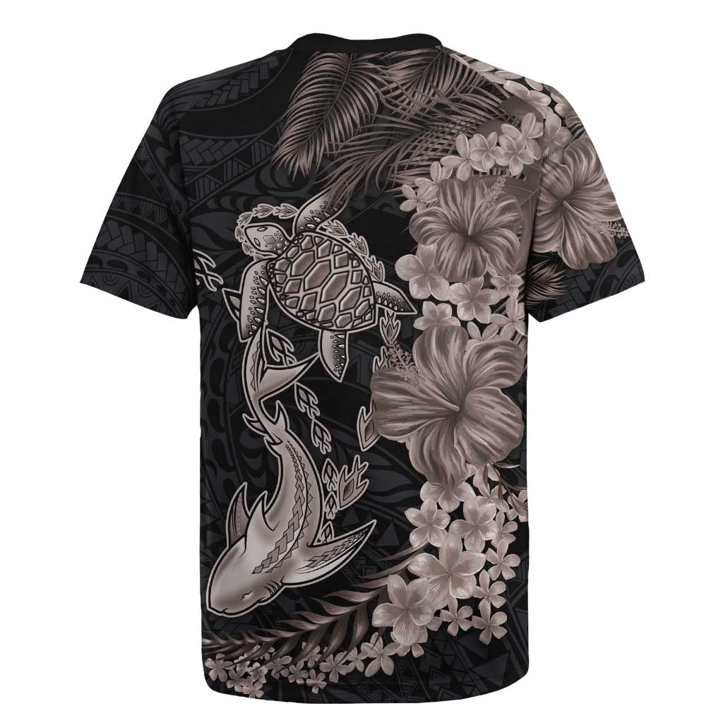 Hawaiian Tropical Plants Turtle and Shark Rugby Jersey Polynesian Art Tattoo Grayscale Color