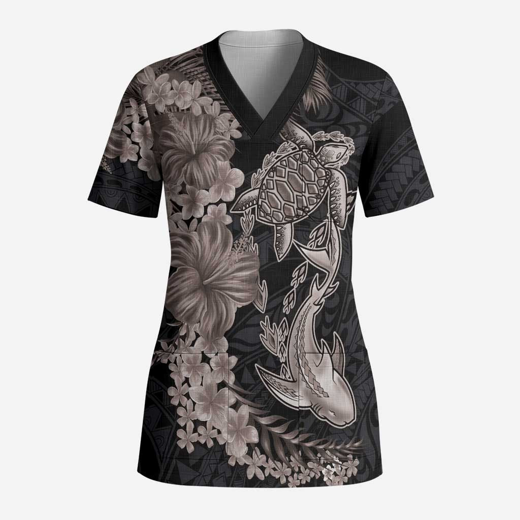 Hawaiian Tropical Plants Turtle and Shark Scrub Top Polynesian Art Tattoo Grayscale Color LT03 Adult Black - Polynesian Pride