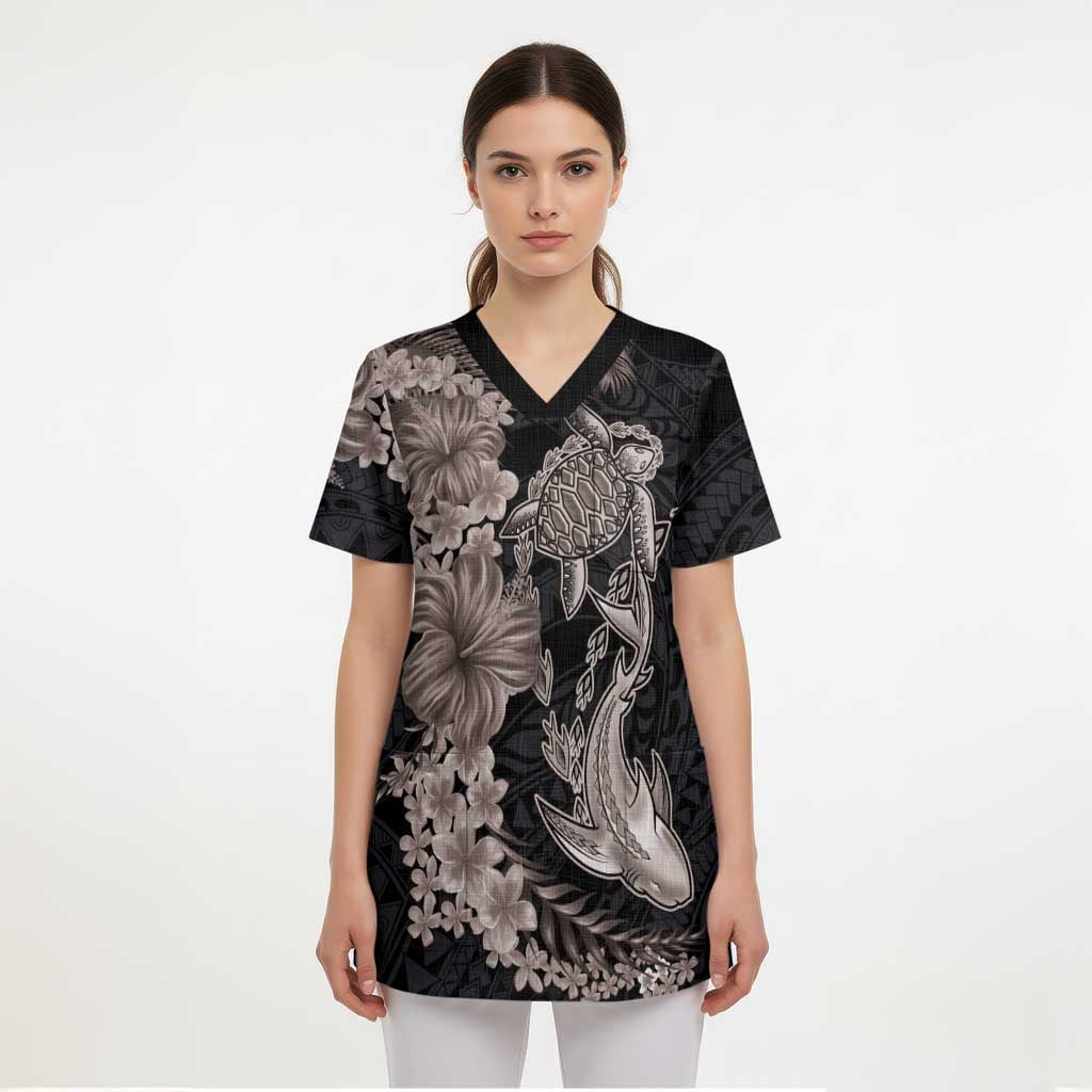 Hawaiian Tropical Plants Turtle and Shark Scrub Top Polynesian Art Tattoo Grayscale Color - Polynesian Pride