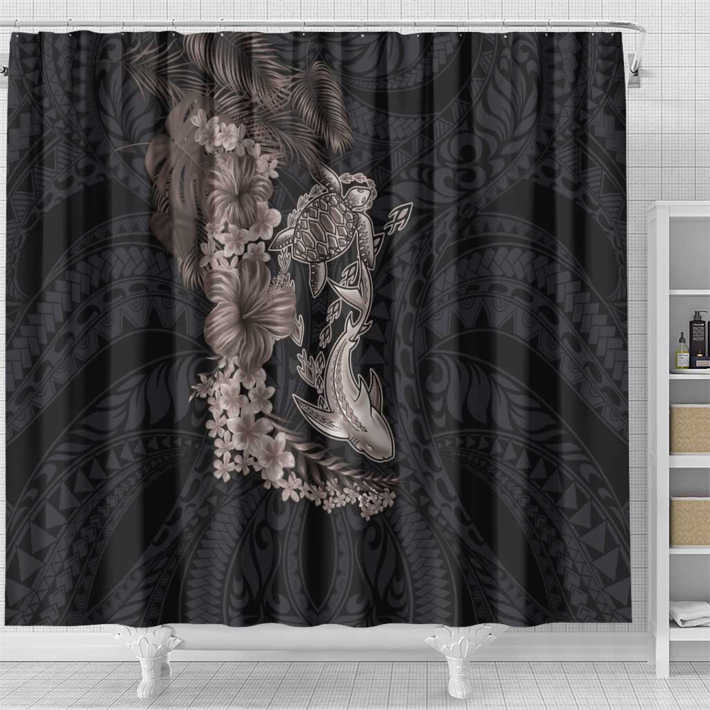 Hawaiian Tropical Plants Turtle and Shark Shower Curtain Polynesian Art Tattoo Grayscale Color