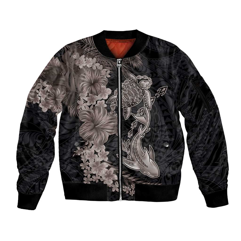 Hawaiian Tropical Plants Turtle and Shark Sleeve Zip Bomber Jacket Polynesian Art Tattoo Grayscale Color LT03 Unisex Black - Polynesian Pride