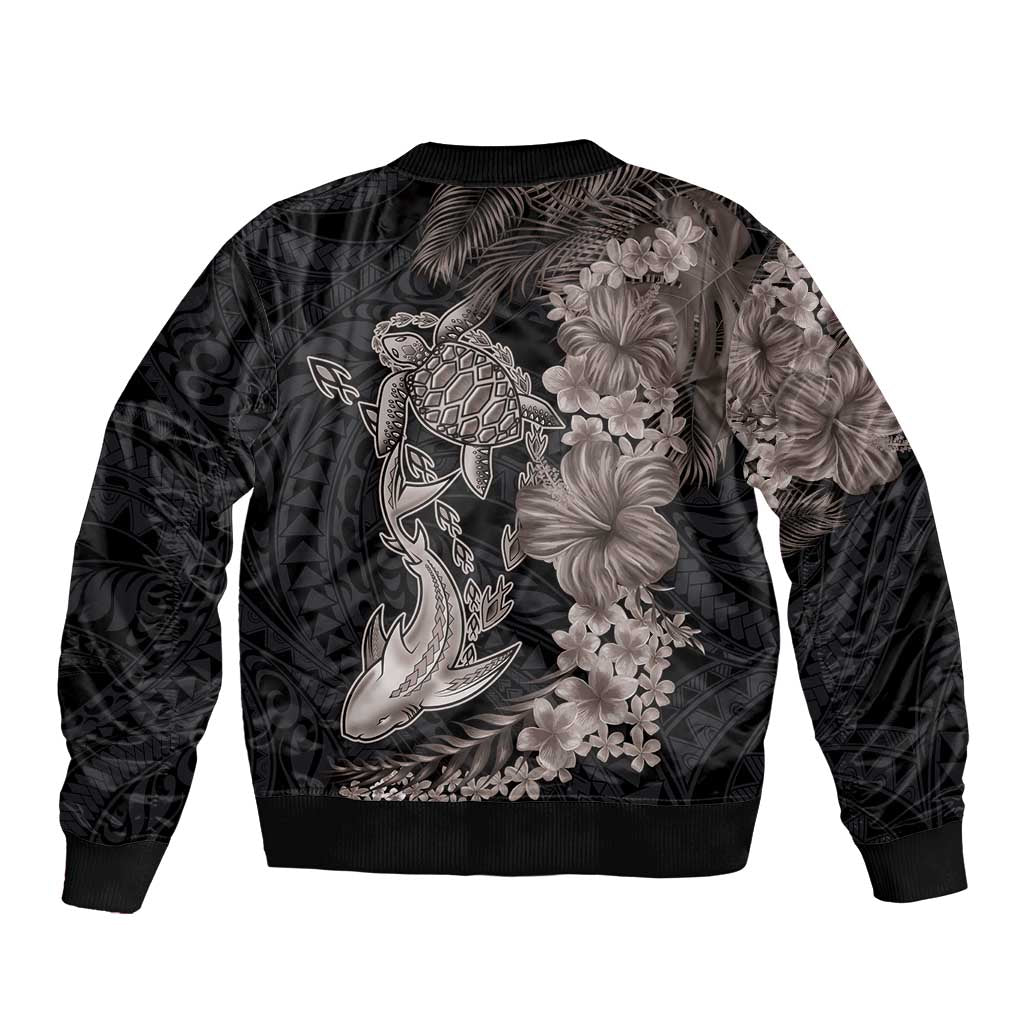 Hawaiian Tropical Plants Turtle and Shark Sleeve Zip Bomber Jacket Polynesian Art Tattoo Grayscale Color LT03 - Polynesian Pride