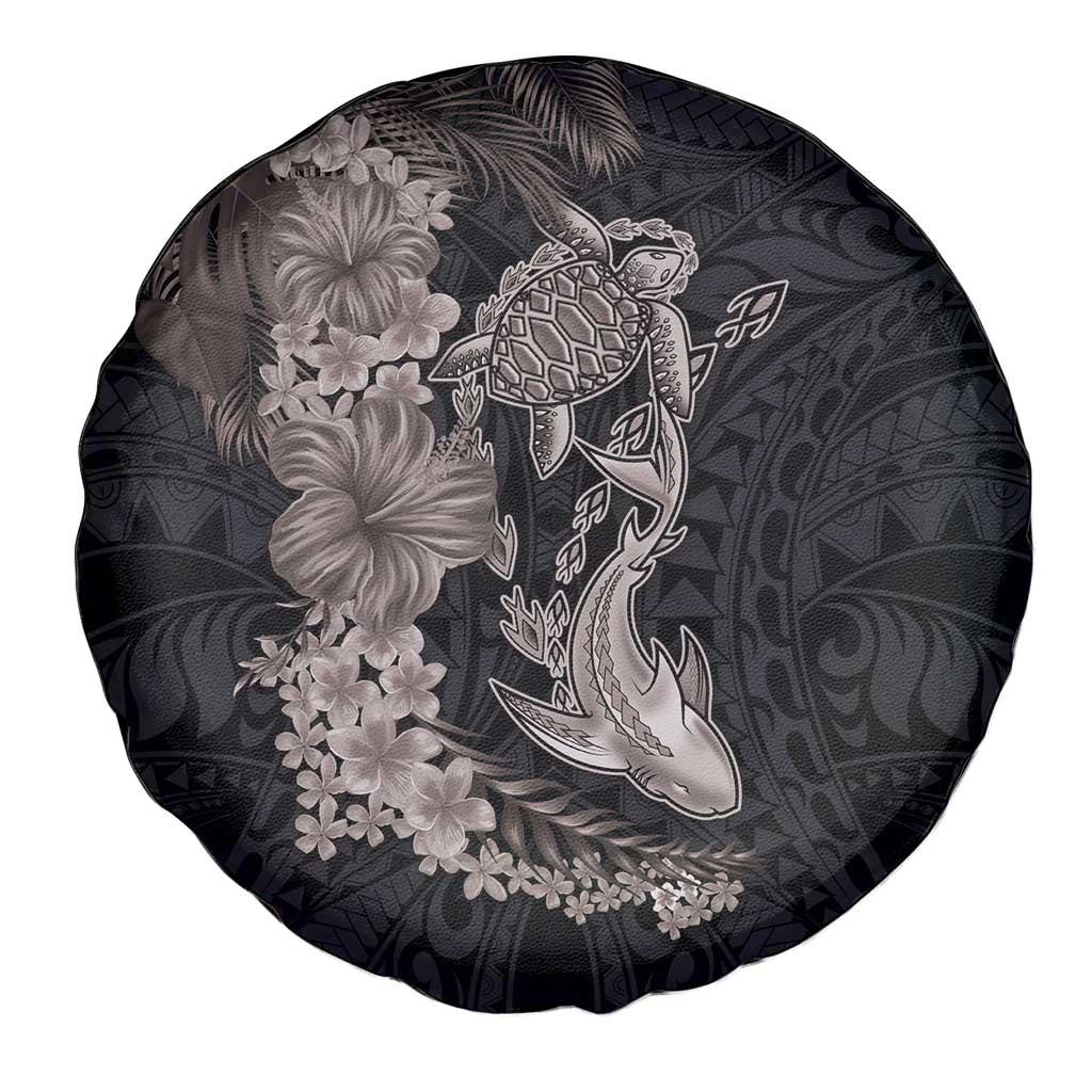 Hawaiian Tropical Plants Turtle and Shark Spare Tire Cover Polynesian Art Tattoo Grayscale Color