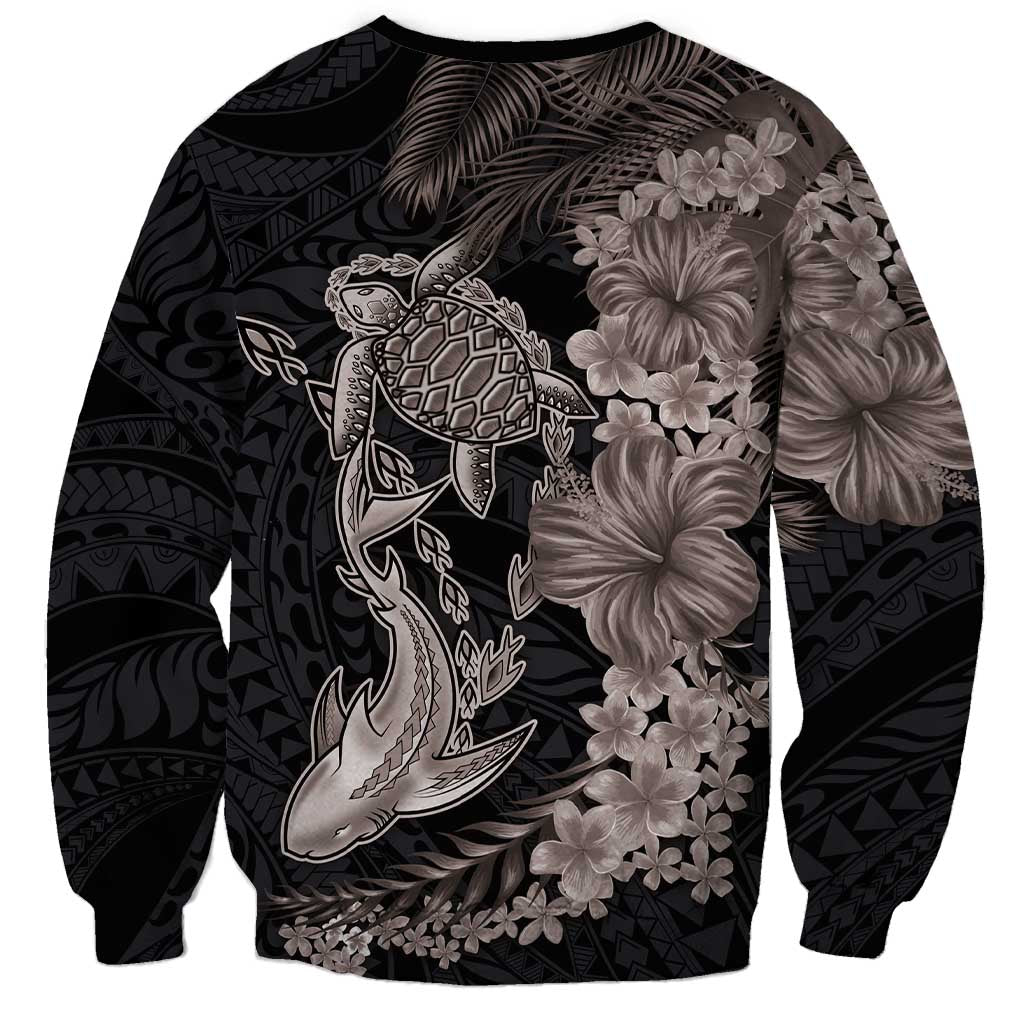 Hawaiian Tropical Plants Turtle and Shark Sweatshirt Polynesian Art Tattoo Grayscale Color