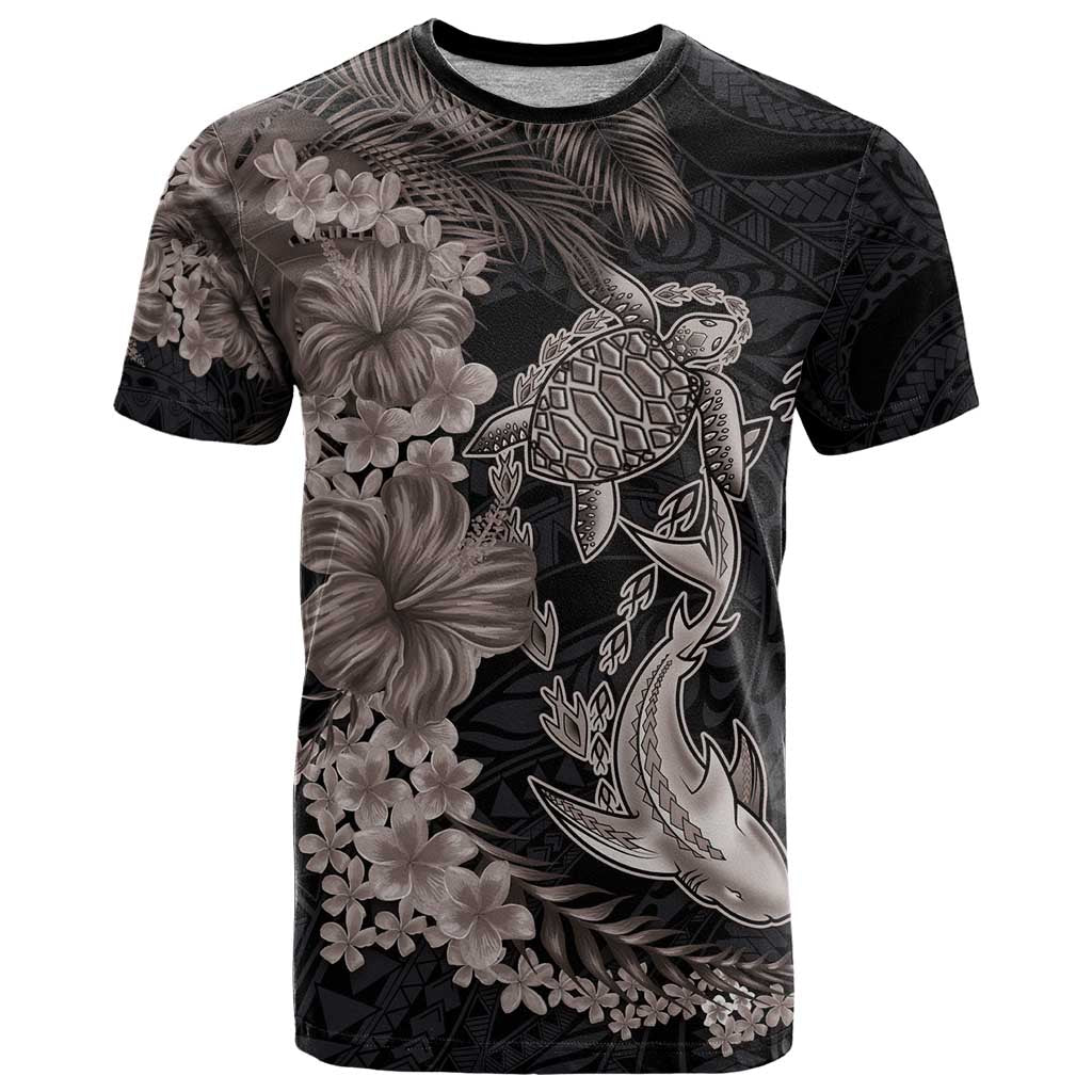 Hawaiian Tropical Plants Turtle and Shark T Shirt Polynesian Art Tattoo Grayscale Color