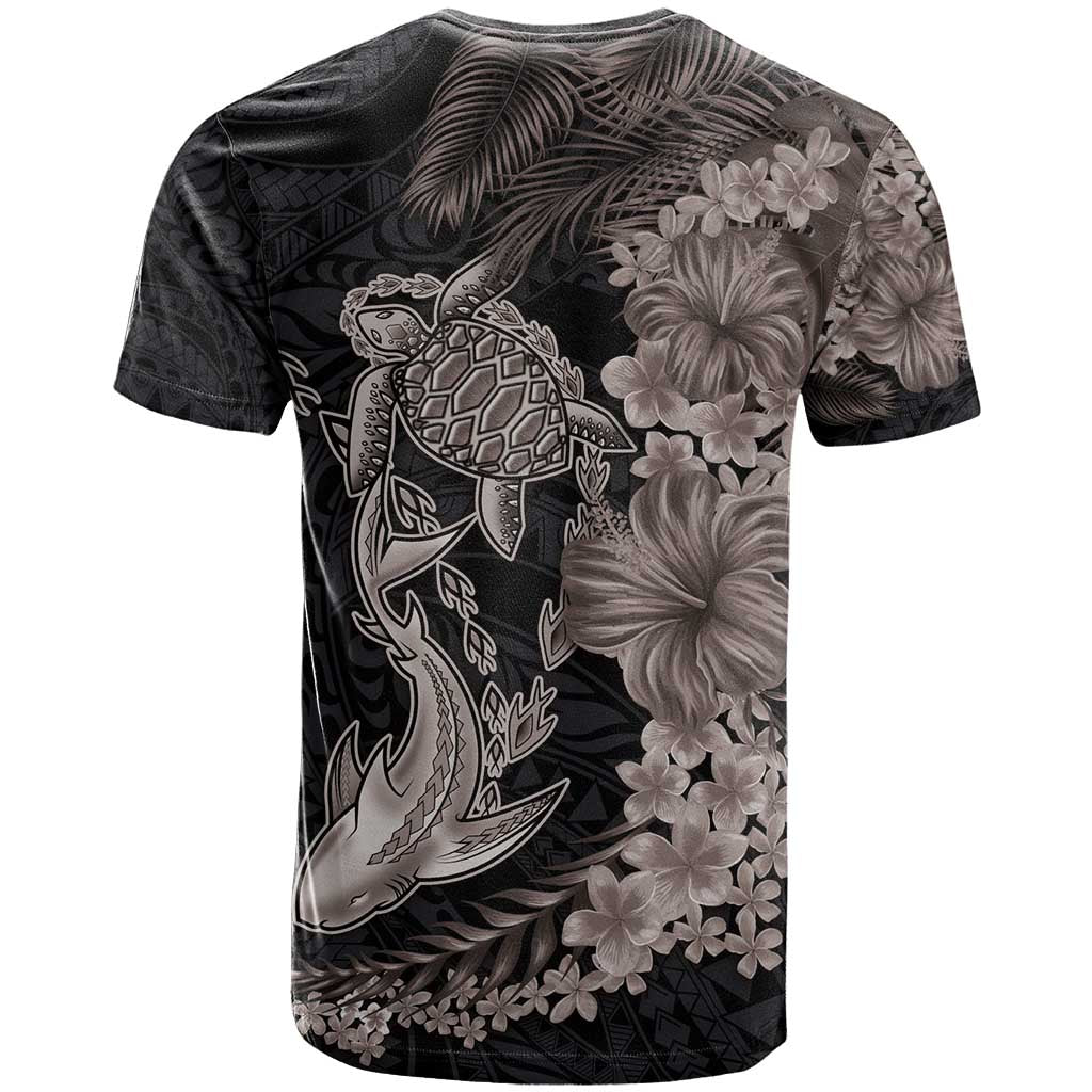Hawaiian Tropical Plants Turtle and Shark T Shirt Polynesian Art Tattoo Grayscale Color