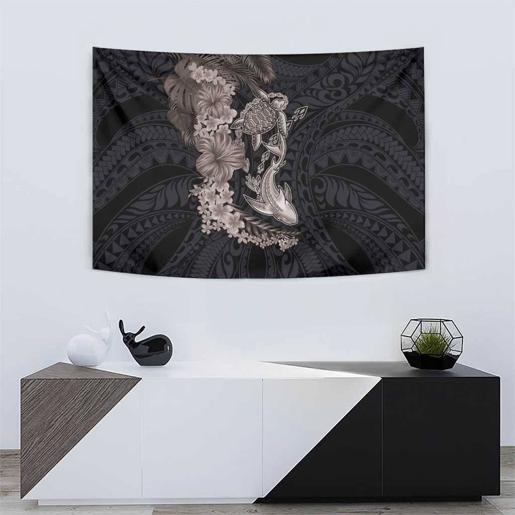Hawaiian Tropical Plants Turtle and Shark Tapestry Polynesian Art Tattoo Grayscale Color