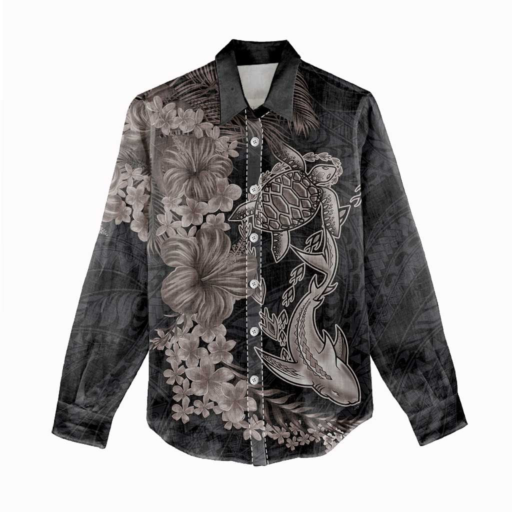 Hawaiian Tropical Plants Turtle and Shark Women Casual Shirt Polynesian Art Tattoo Grayscale Color