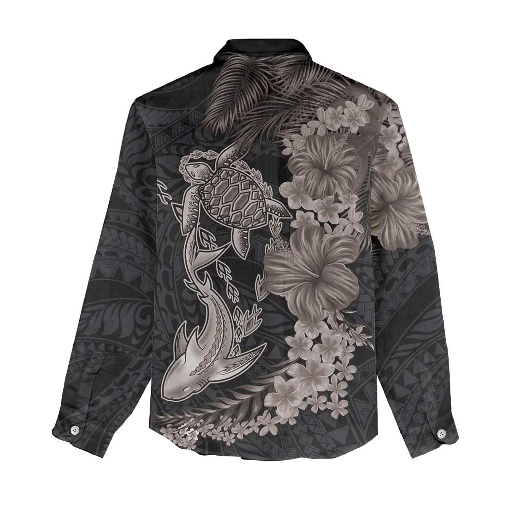 Hawaiian Tropical Plants Turtle and Shark Women Casual Shirt Polynesian Art Tattoo Grayscale Color