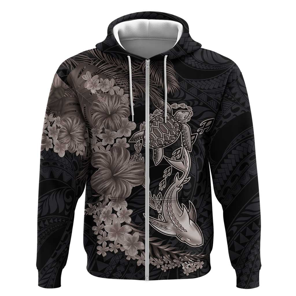 Hawaiian Tropical Plants Turtle and Shark Zip Hoodie Polynesian Art Tattoo Grayscale Color